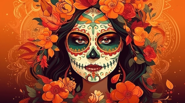 Dia de los muertos or day of dead mexican sugar skull girl generative ai