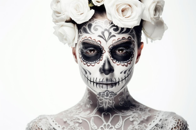 Photo dia de los muertos day of the dead woman with sugar skull makeup ai generated