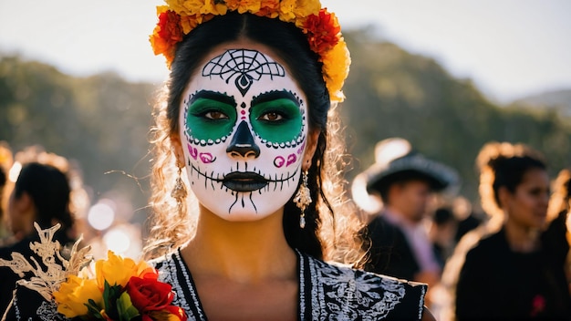 Dia de los muertos День мертвой женщины с сахарным макияжем в виде черепа Сгенерировано с помощью AI