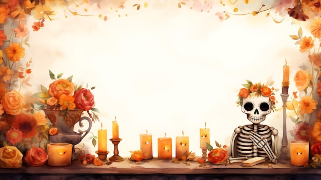 Dia de los muertos frame background illustration with skeleton Day of dead concept