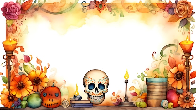 Photo dia de los muertos frame background illustration with skeleton day of dead concept