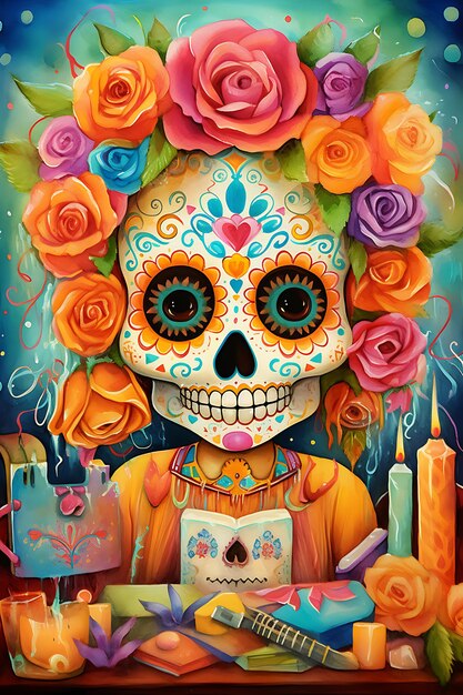 Dia de los muertos frame background illustration with skeleton day of dead concept