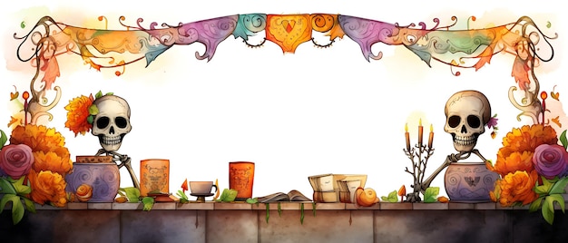 Photo dia de los muertos frame background illustration with skeleton day of dead concept