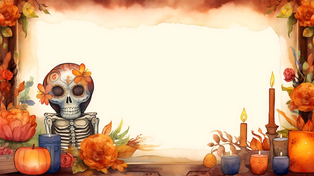 사진 디아 데 로스 무에르토스(dia de los muertos) 프레임 배경 그림에는 뼈대와 죽은 날 개념이 있습니다.