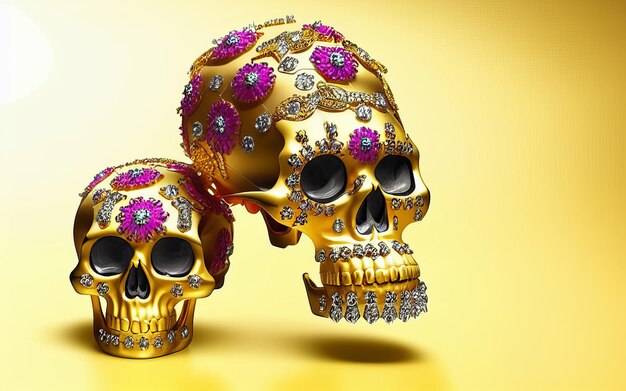 Dia de los muertos gold skull decorated with flowers the day of the dead 3d illustration