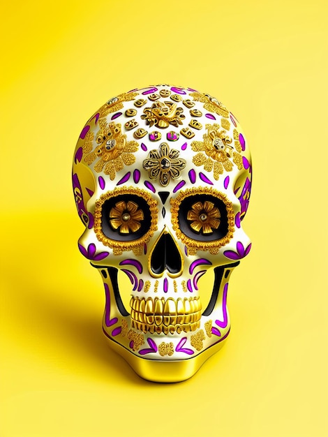 Dia de los muertos gouden schedel versierd met bloemen de dag van de doden 3d illustratie