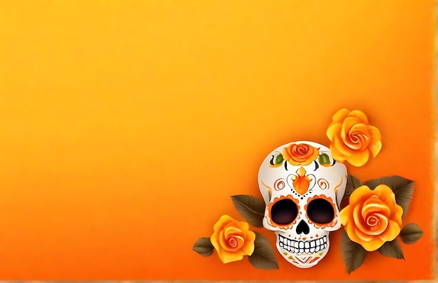 Foto dia de los muertos celebrazione di halloween con teschio di zucchero e fiore sullo sfondo