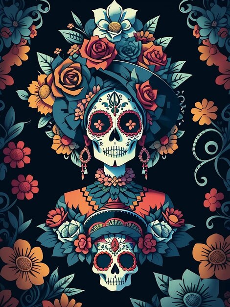 Dia de Los Muertos holiday poster for Day of Dead skulls and floral Mexican ethnic ornament