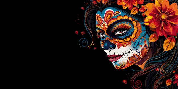 Dia de los muertos Maxican mask girl illustratie dia de muertos in de hoekzijde op zwarte backgro