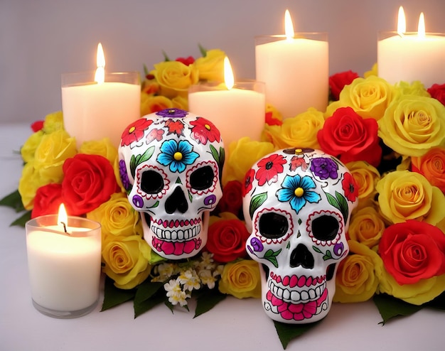 Foto dia de los muertos mexicaanse dag van de dode tafelsamenstelling met schedelkaarsenbloemen