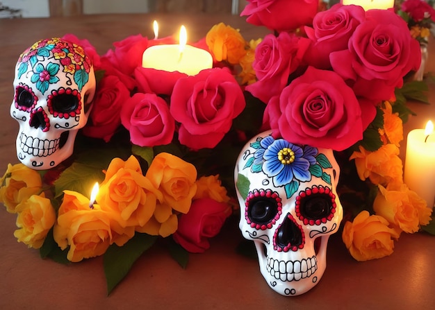 Dia de los muertos messicano giorno dei morti composizione tavola con skullcandlesflowers