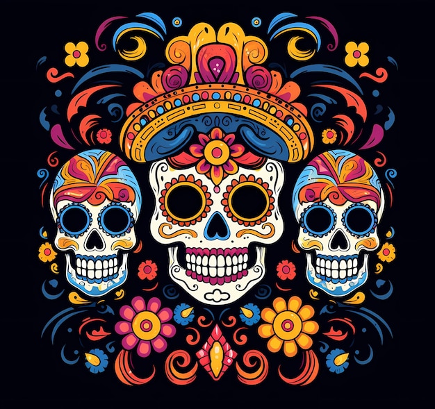 デア・ド・ロス・モーデス メキシコの頭蓋骨 ポスターカード バナープリントの平面イラスト