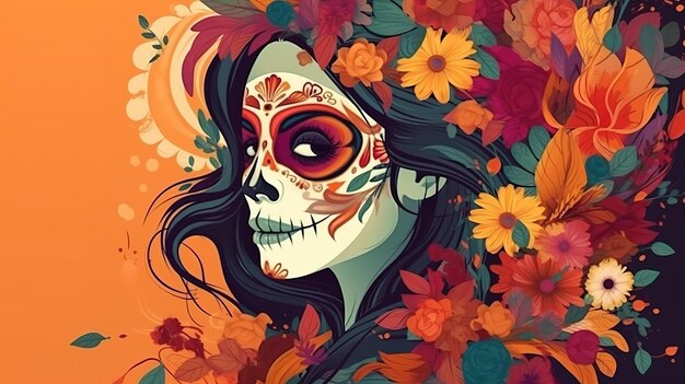 Dia de los Muertos of dag van de doden Mexicaanse suiker schedel meisje Generatieve Ai