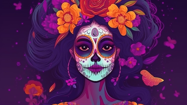 Dia de los Muertos of dag van de doden Mexicaanse suiker schedel meisje Generatieve Ai