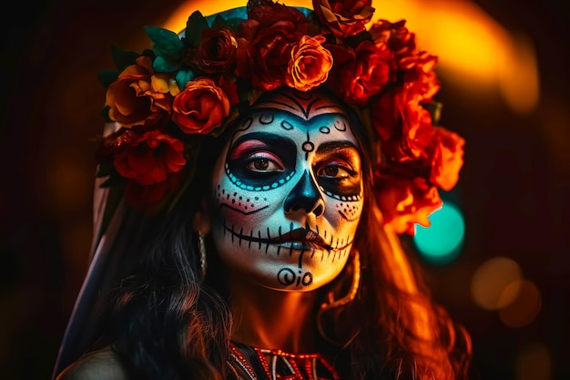 Dia de los muertos portret van Calavera Catrina Jonge vrouw met suikerschedelmake-up Generatieve AI-illustratie