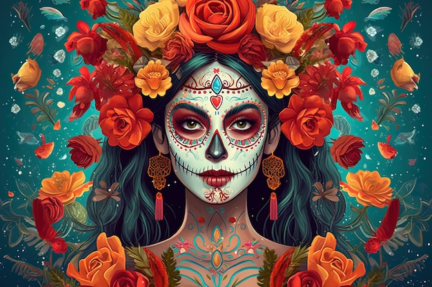 Dia de los muertos poster in traditionele Mexicaanse stijl uitvoeren schoonheid van Calavera Catrina AI gegenereerd vakantie personage voor huis decor of culturele gebeurtenis met skullfaced vrouwen met bloemen