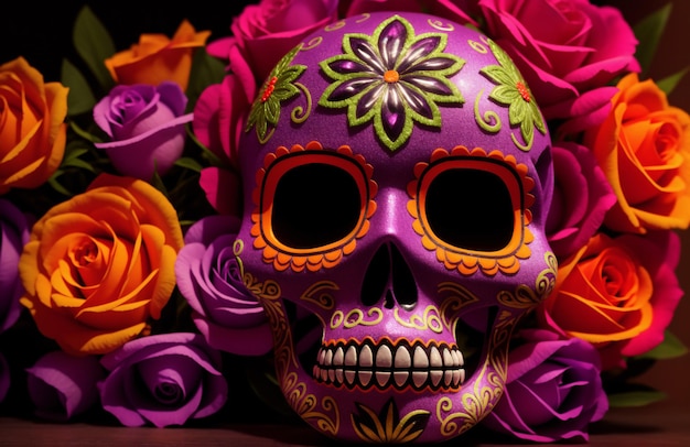 ディア・デ・ロス・ムエルトス (Dia de los Muertos) 紫色の壁紙で,メキシコの塗装されたカラベラ・カトリナの頭蓋骨が花束をかぶっている.