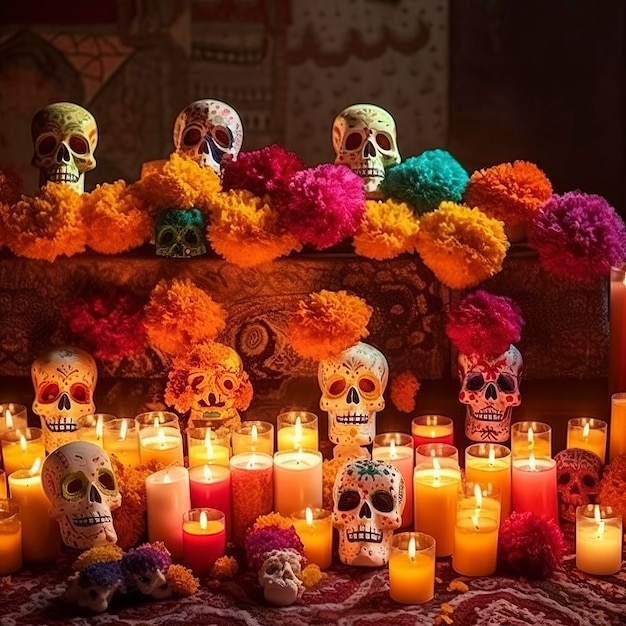 Dia de los Muertos schedels bloemen kaarsen carneval kleurrijk veel bloemen op de achtergrond genereren ai