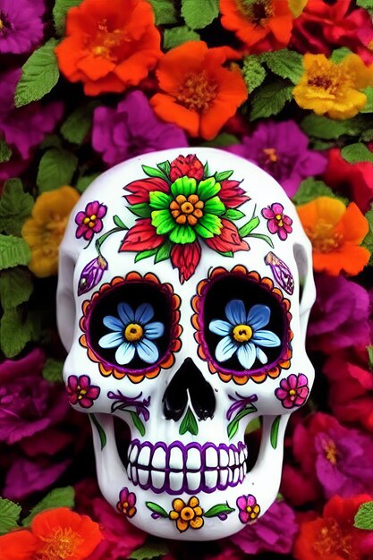 Foto dia de los muertos tradizionale teschio di zucchero calavera decorato con fiori il giorno dei morti illustrazione