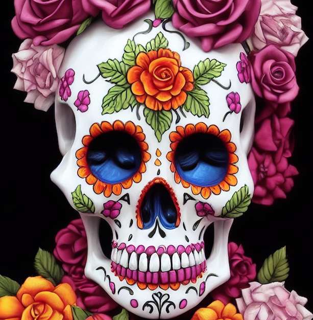 Dia de los muertos 전통적인 calavera 설탕 두개골은 죽은 날의 꽃으로 장식되어 있습니다.