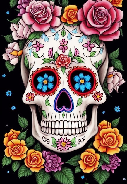 Dia de los muertos 전통적인 calavera 설탕 두개골은 죽은 날의 꽃으로 장식되어 있습니다.