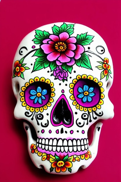 Dia de los muertos 전통적인 calavera 설탕 두개골은 죽은 날의 꽃으로 장식되어 있습니다.