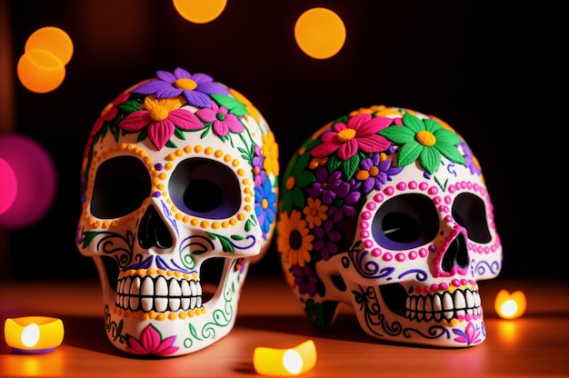 디아 데 로스 무에르토스 (Día de los Muertos) 벽지에는 멕시코에서 그려진 두개골이 그려져 있습니다.