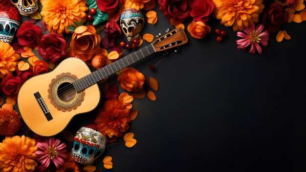 Foto dia de muertos design 3d con fiori e spazio di copia generato da ai