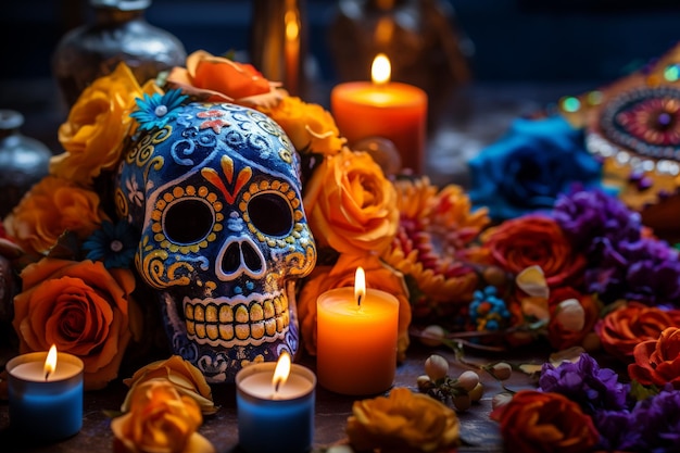 Dia De Muertos Ai gegenereerde achtergrond met schedel en bloemensamenstelling