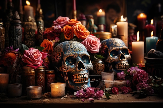 死者の日または死者の日の祭壇コンセプト 花のバナー 頭蓋骨 ろうそく ギター