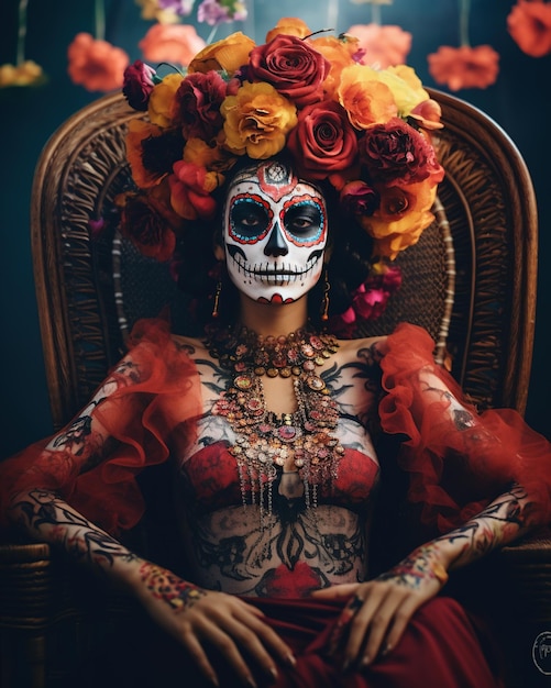 Dia de Muertos La Catrina on a chair