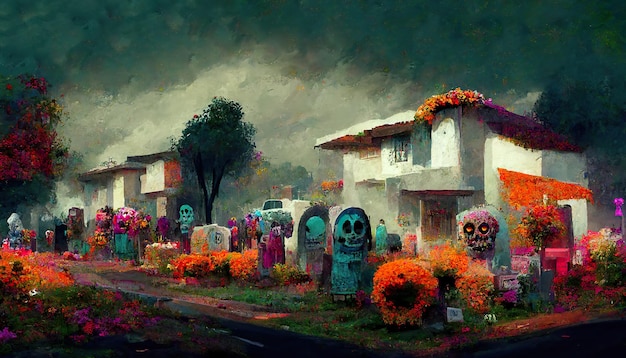 Dia de muertos versierde stad concept kunst illustratie