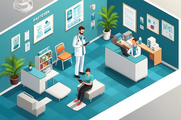 Photo diabetes control isometric composition with patient on reception at doctor office interior elements