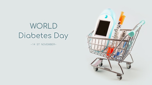 Diabetes Day card with glucose meter syringes in shopping trolley with inscription