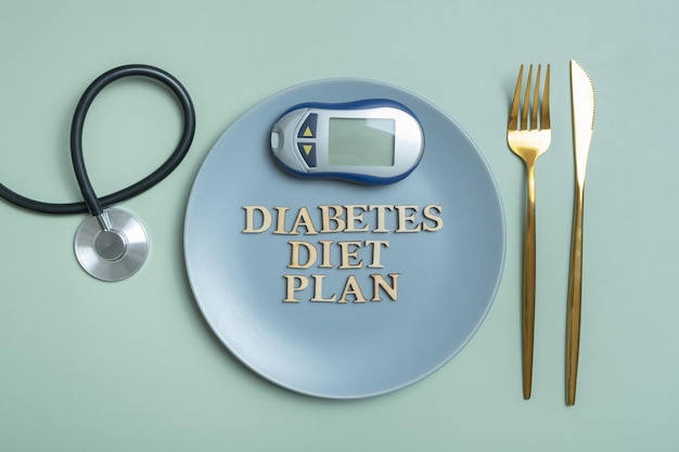 Diabetes Diet Plan text Stethoscope glucometer and plate with cuttleries colored background