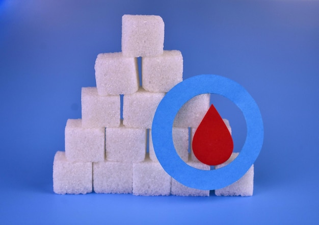 Diabetes sign on the background of the sugar tower. World Diabetes Day icon, logo.