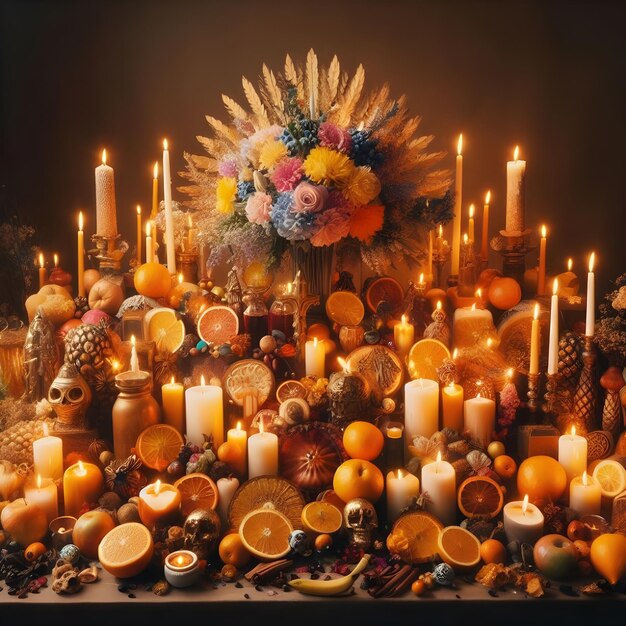 Diadelasvelitas with candles fruits and flowers on table against bokeh background