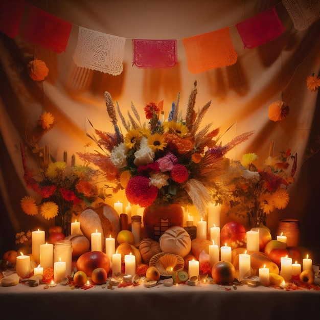 Diadelasvelitas with candles fruits and flowers on table against bokeh background