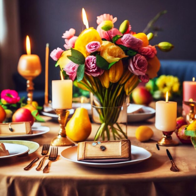 밤 배경 테이블에 촛불 과일과 꽃이 있는 디아델라스벨리타스