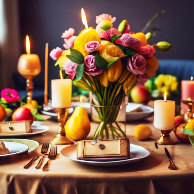 Diadelasvelitas with candles fruits and flowers on table against night background