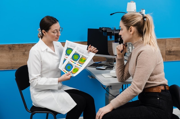 Diagnosis of the cornea and eyes in ophthalmology clinic Ophthalmologist is showing keratotopography scan to girl patient near slit lamp