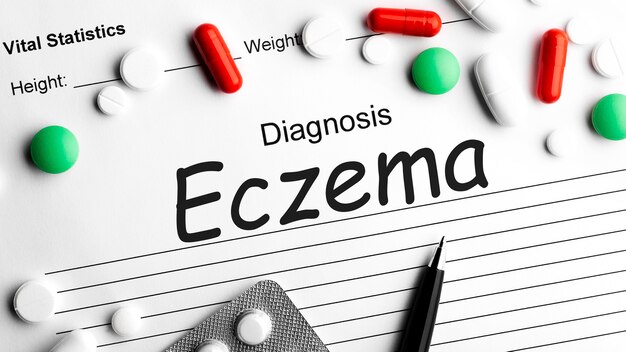 Diagnosis ECZEMA on paper with pen, medicine pill, tablet and capsules. Medical concept.