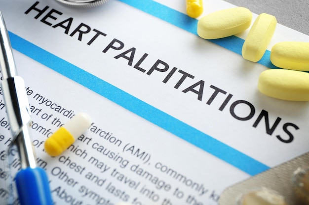 Diagnosis HEART PALPITATIONS on medical report and medicines closeup