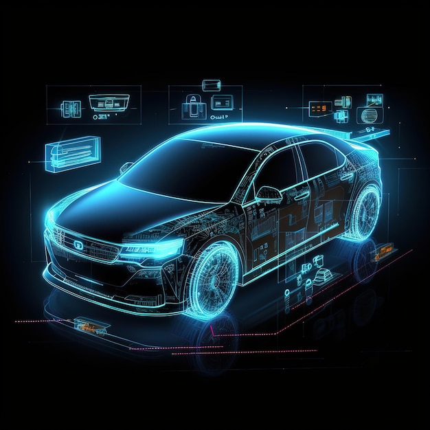 Foto diagnostico auto in stile hud scansione dell'automobile in visualizzazione 3d ologramma illustrazione 3d