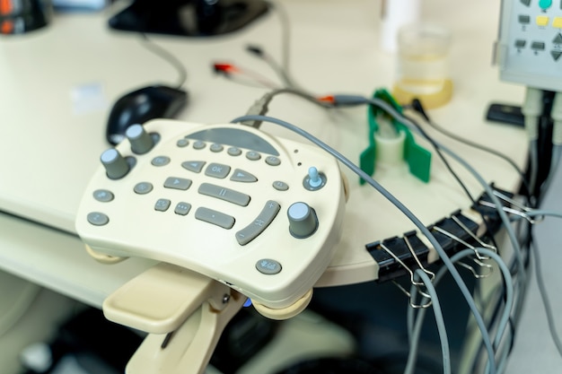 Diagnostic equipment in medical room. Therapeutic and diagnostic rooms with medical equipment. Selective focus. Closeup.