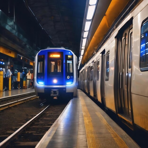 Diagonal metro train with blue lights bokeh background hd