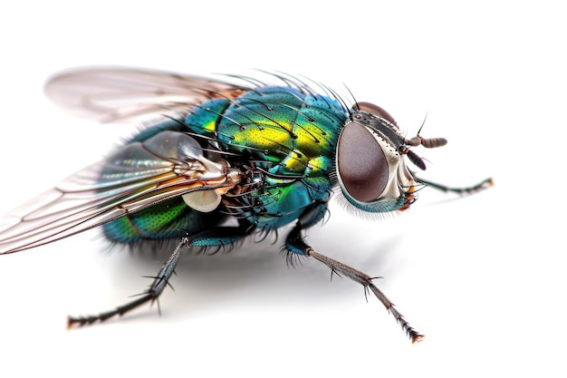 Photo diagonal view of glittering green bottle fly isolated on white background