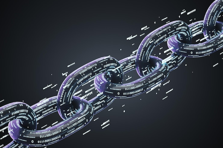 Foto diagonale keten gemaakt van nullen en eenen. cryptocurrency en mijnbouw. een bitcoin metafoor. zwarte achtergrond. 3d rendering mock up