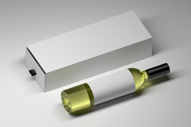 Diagonale opstelling van één enkele wijnfles met witte lege lange geschenkdoos