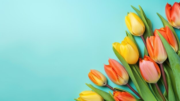 Diagonale rij gele en oranje tulpen op een lichtblauwe achtergrond met kopieerruimte AI gegenereerd